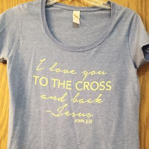 Cute, short sleeved, blue t shirt with "I love you to the cross and back- Jesus"